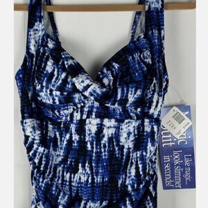 NWT Miraclesuit Blue White One Piece Swim Dress Plus Sz 2X Swimsuit No Underwire